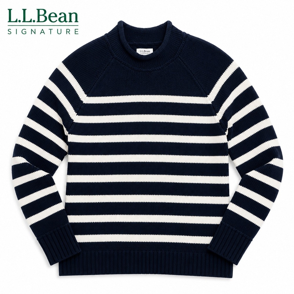 LL Bean Signature Sweater Women M Navy Striped Mock Neck Organic Cotton Nautical